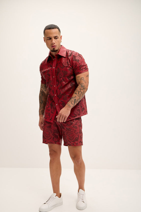 Cut-out Laser Leather Shirt - Red