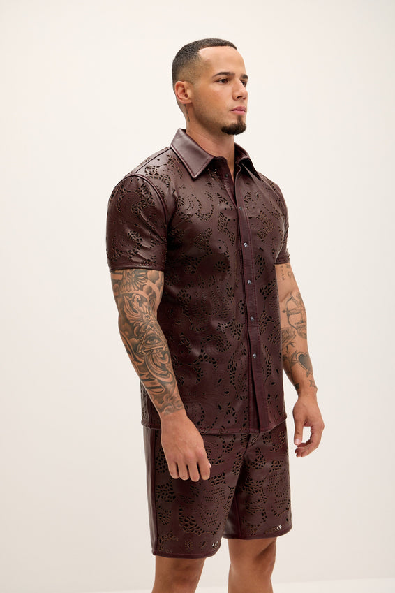 Cut-out Laser Leather Shirt - Wine