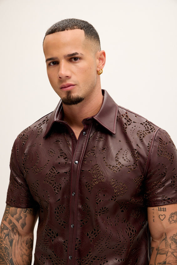 Cut-out Laser Leather Shirt - Wine