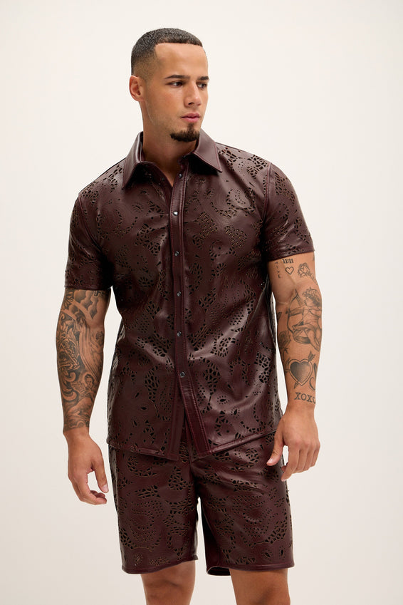 Cut-out Laser Leather Shirt - Wine