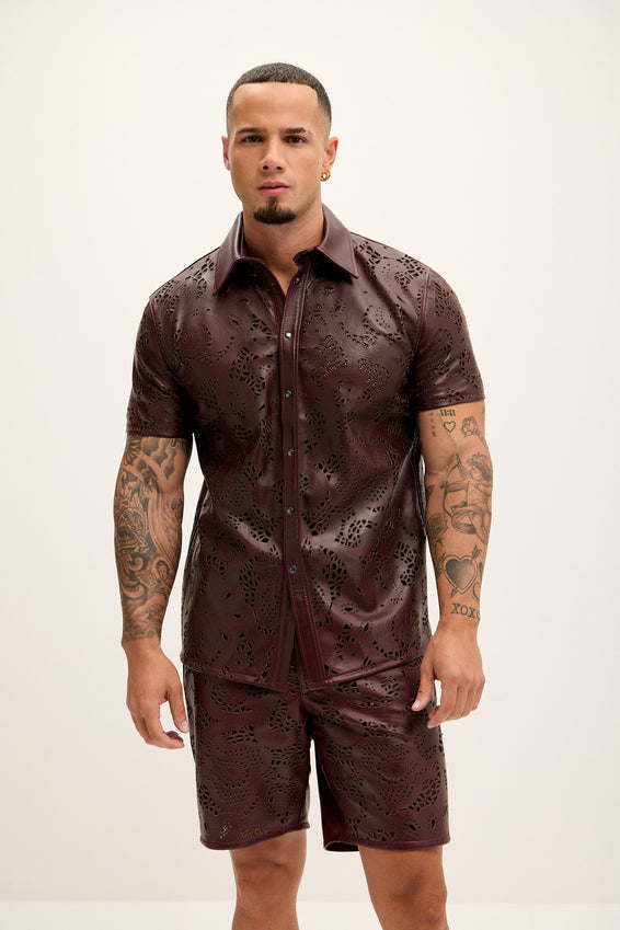 Cut-out Laser Leather Shirt - Wine
