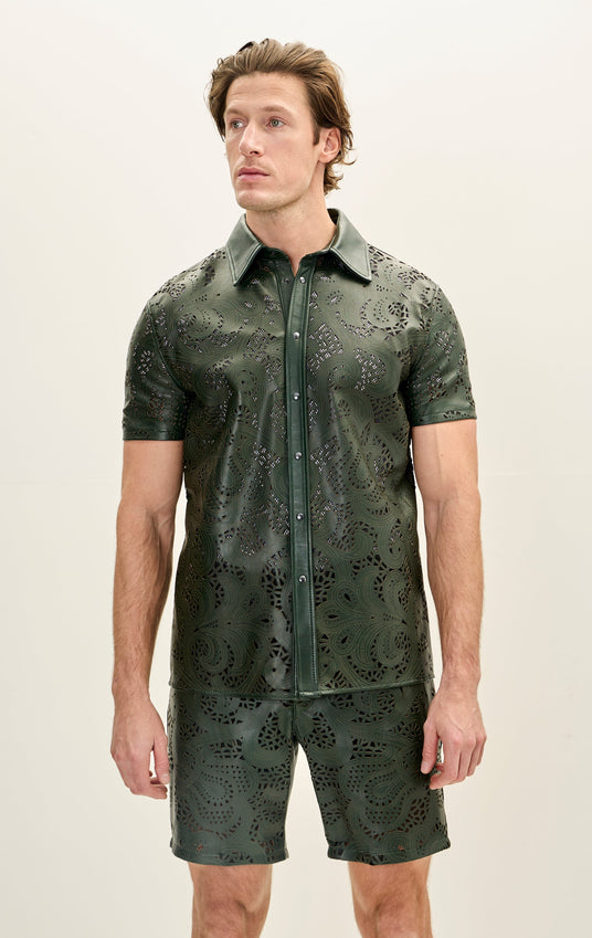 Cut-out Laser Leather Shirt - Green