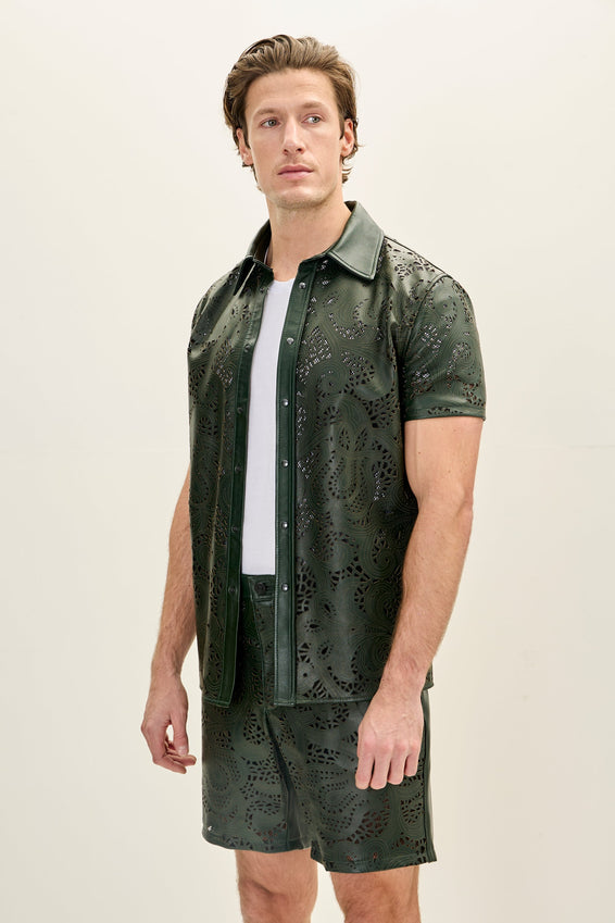 Cut-out Laser Leather Shirt - Green