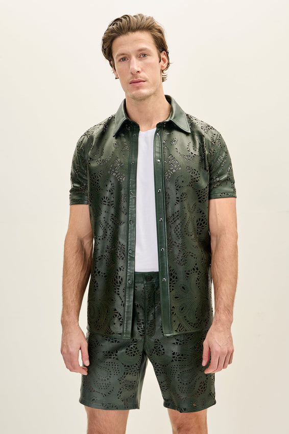 Cut-out Laser Leather Shirt - Green