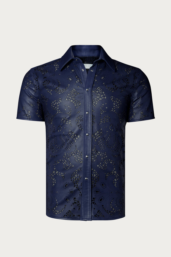 Cut-out Laser Leather Shirt - Navy