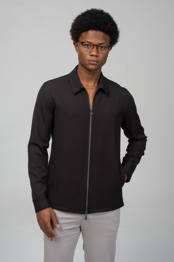 Double Zipper Closure Lightweight Shacket - Black