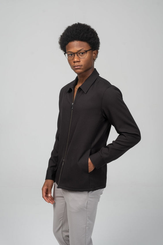 Double Zipper Closure Lightweight Shacket - Black