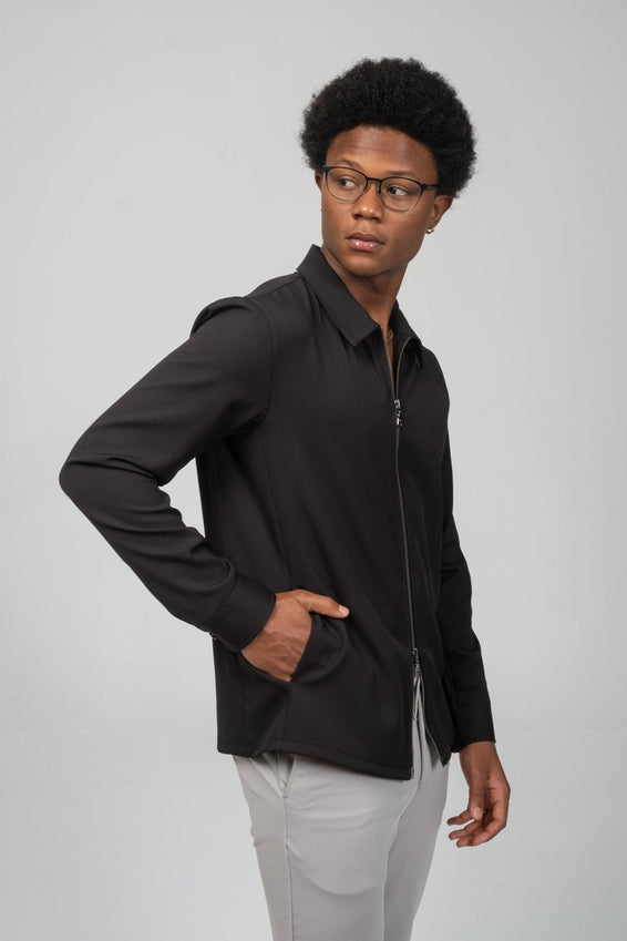 Double Zipper Closure Lightweight Shacket - Black