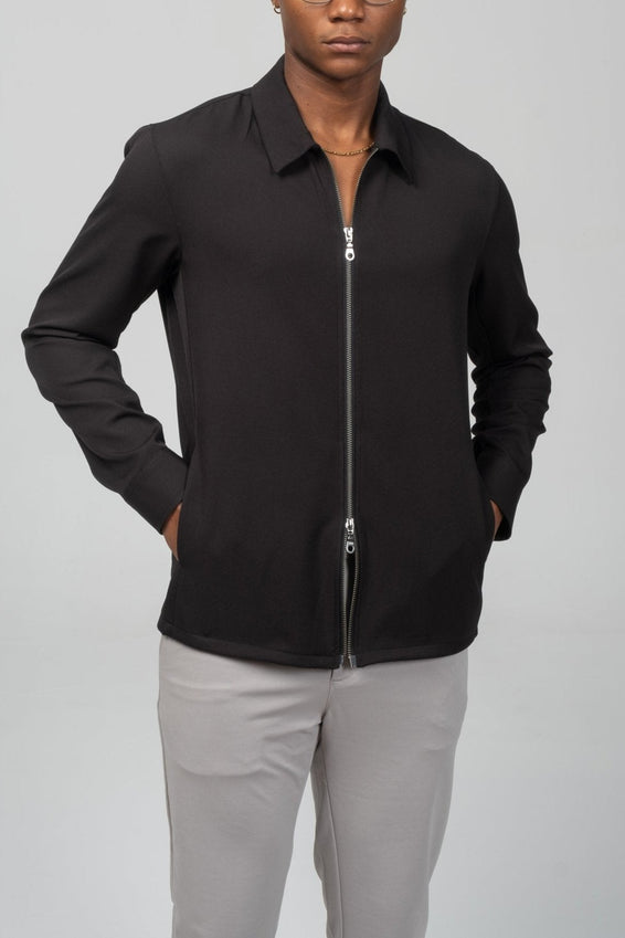 Double Zipper Closure Lightweight Shacket - Black