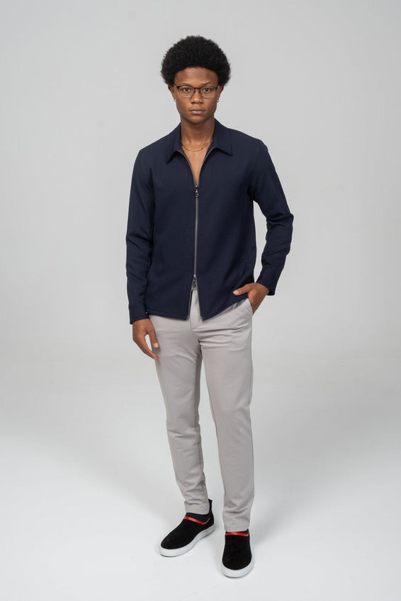 Double Zipper Closure Lightweight Shacket - Navy