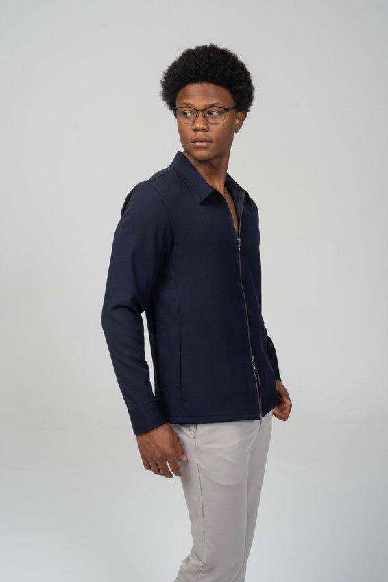 Double Zipper Closure Lightweight Shacket - Navy