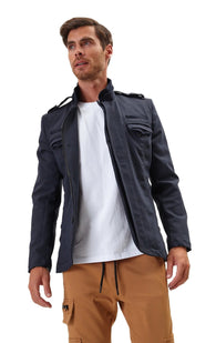 Epaulette Shoulder Stand Collar Jacket  - Navy