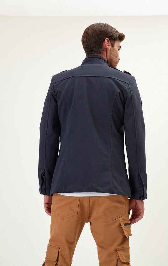 Epaulette Shoulder Stand Collar Jacket  - Navy