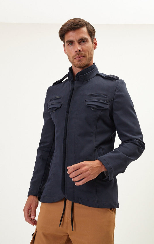 Epaulette Shoulder Stand Collar Jacket  - Navy