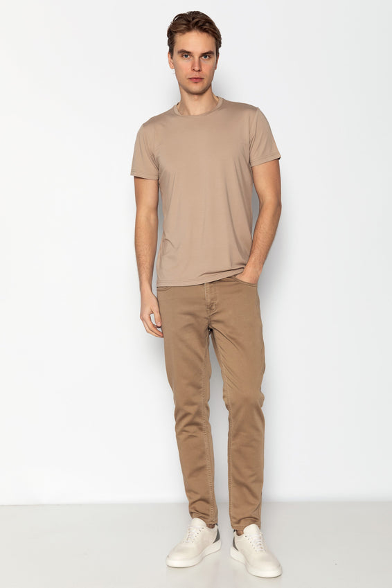Fitted Lightweight Crew-Neck T-Shirt - Light Brown