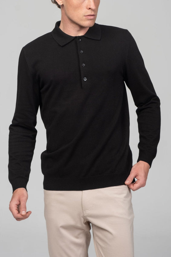 Four Button Down Polo Sweater  - Black