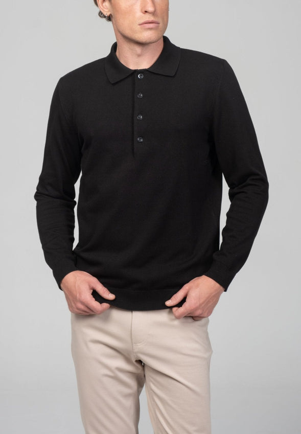 Four Button Down Polo Sweater  - Black