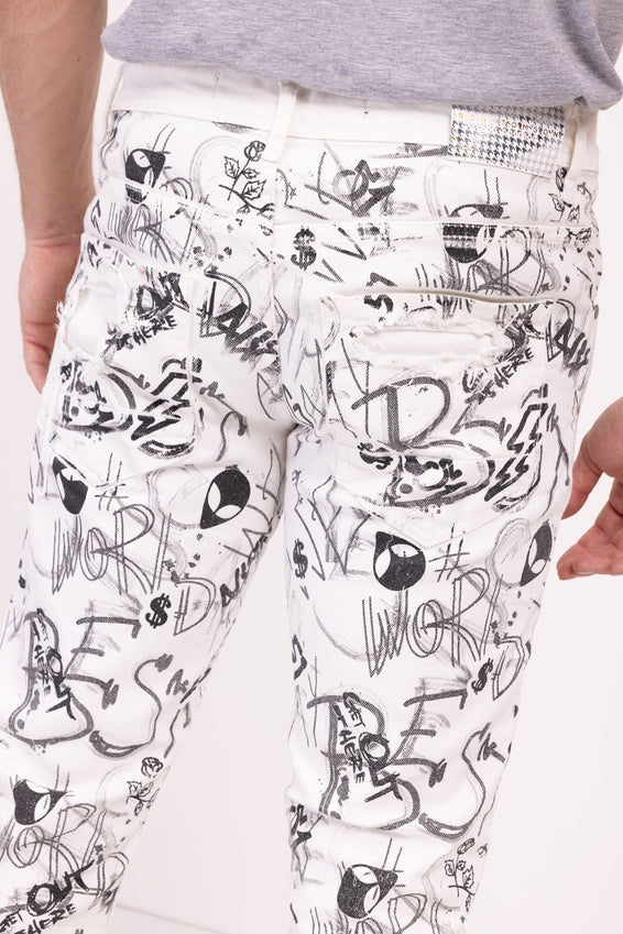 Funky Scribbled Denim Jeans - White