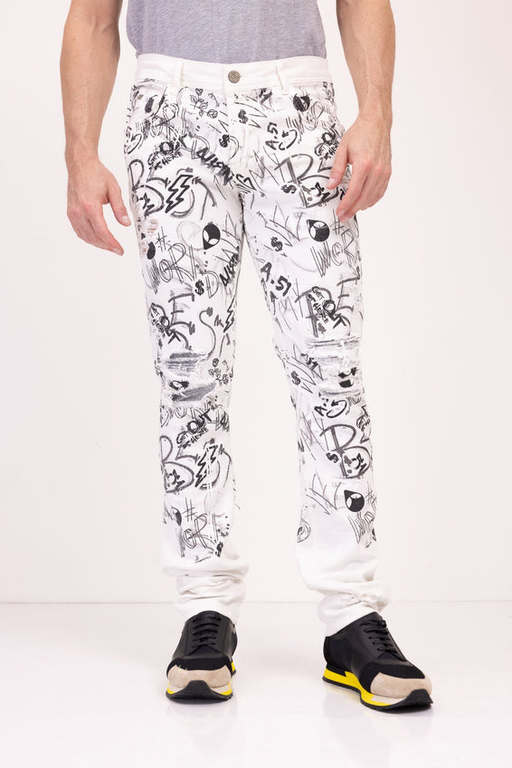 Funky Scribbled Denim Jeans - White