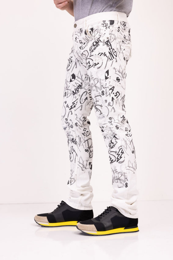 Funky Scribbled Denim Jeans - White