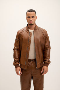 Genuine Leather Bomber Jacket - Brown