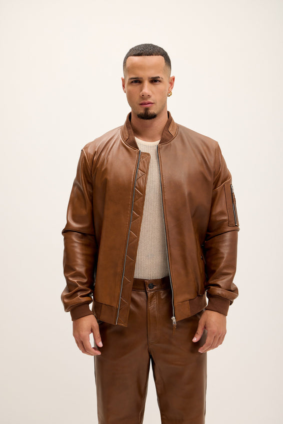 Genuine Leather Bomber Jacket - Brown