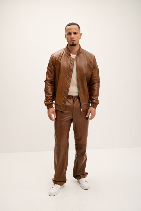 Genuine Leather Bomber Jacket - Brown
