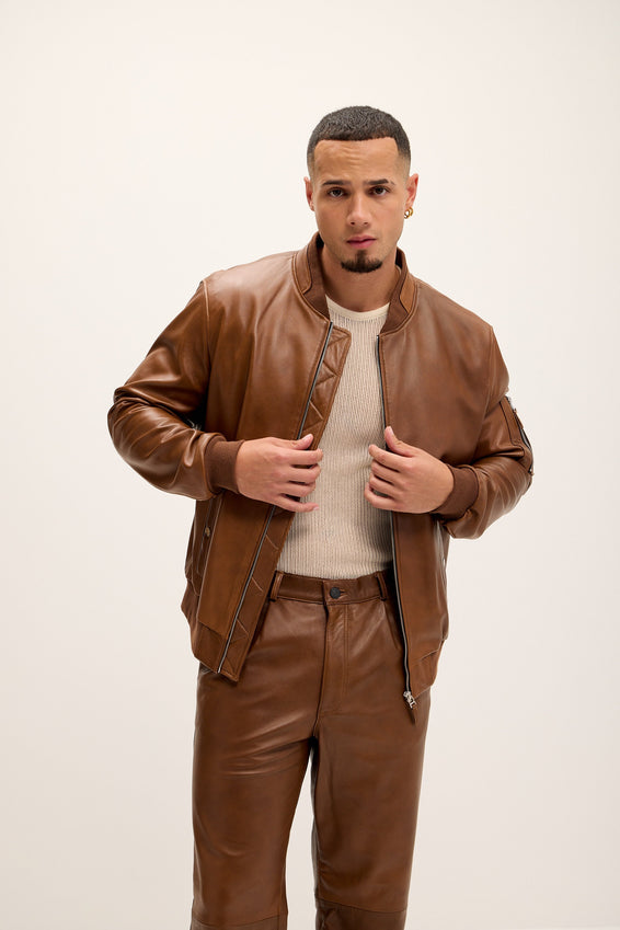 Genuine Leather Bomber Jacket - Brown