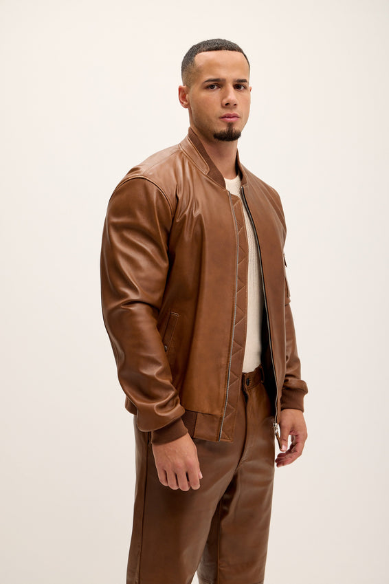 Genuine Leather Bomber Jacket - Brown