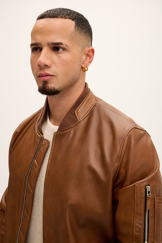 Genuine Leather Bomber Jacket - Brown