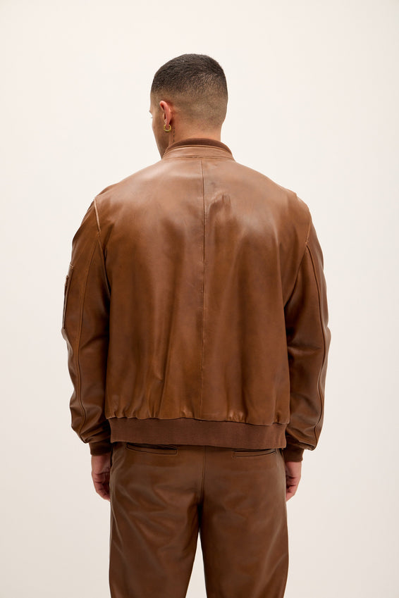 Genuine Leather Bomber Jacket - Brown