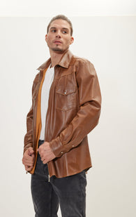 Genuine Leather Shirt With Zipper Closure - Brown