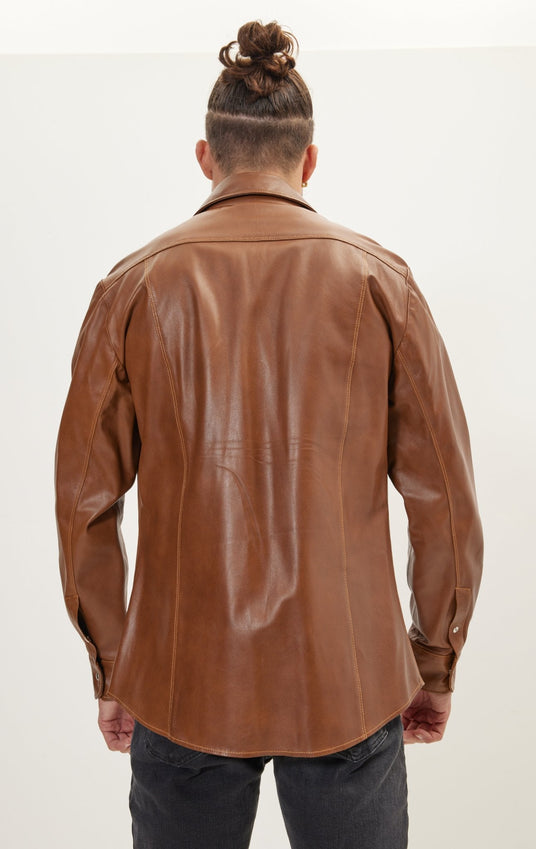 Genuine Leather Shirt With Zipper Closure - Brown