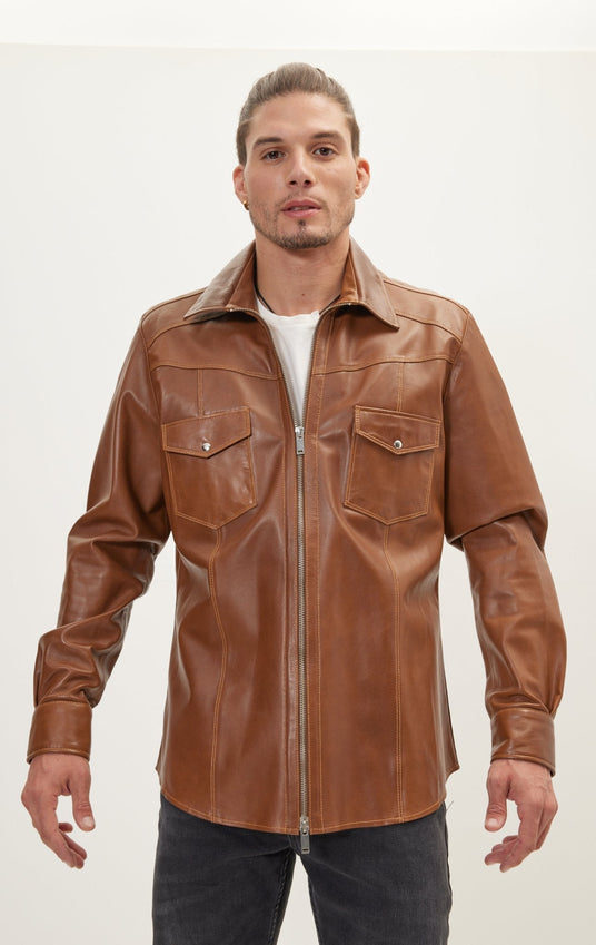 Genuine Leather Shirt With Zipper Closure - Brown