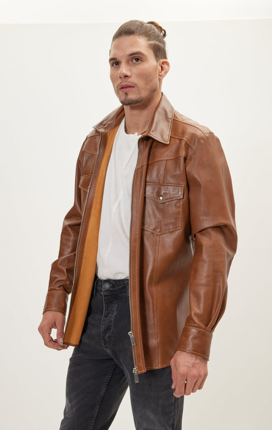 Genuine Leather Shirt With Zipper Closure - Brown