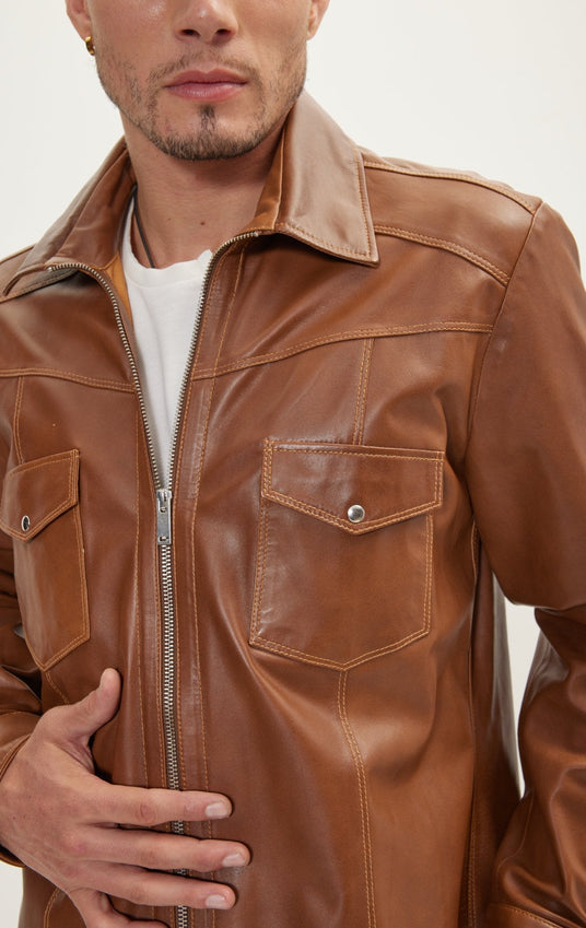 Genuine Leather Shirt With Zipper Closure - Brown