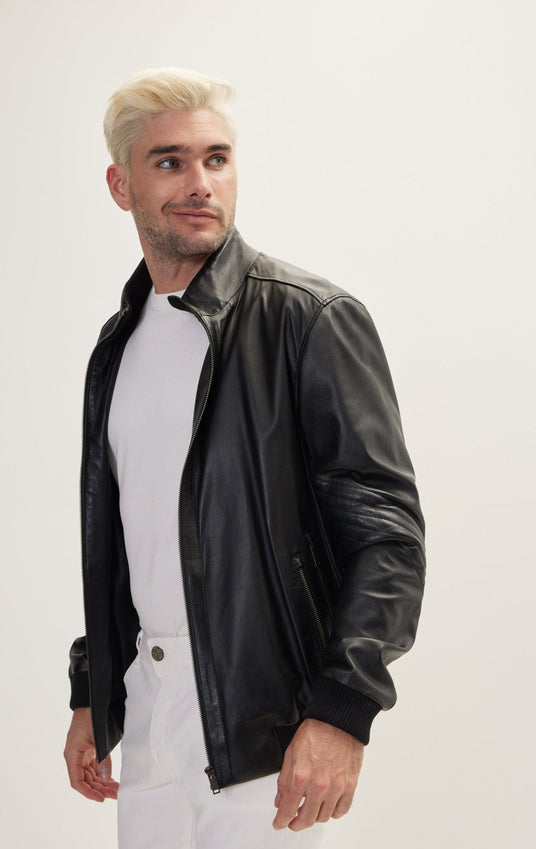 High Collar Leather  Bomber Jacket - Black