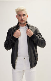 High Collar Leather  Bomber Jacket - Black