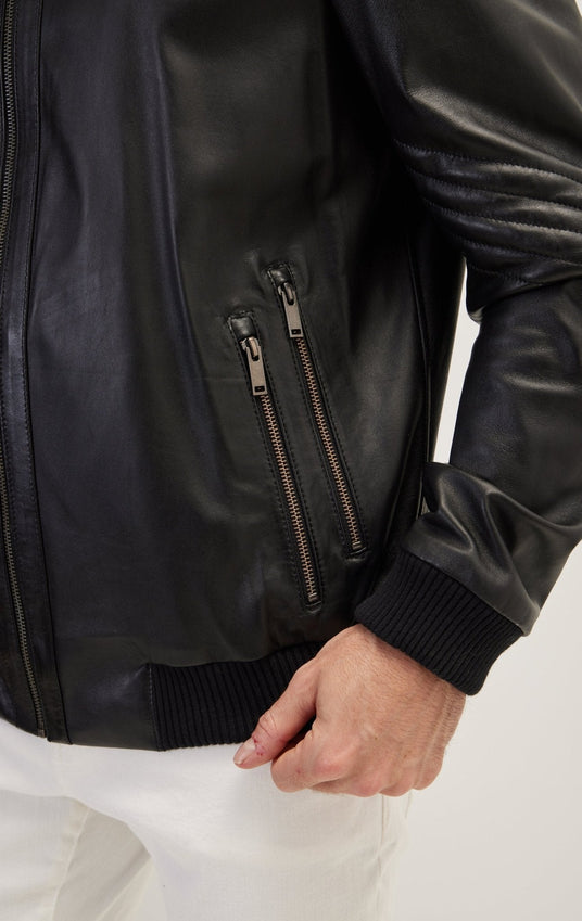 High Collar Leather  Bomber Jacket - Black