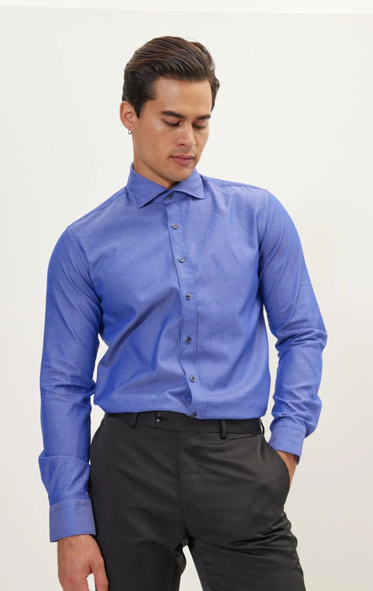 Jacquard Cotton Tonal Button Dress Shirt - Dark Blue