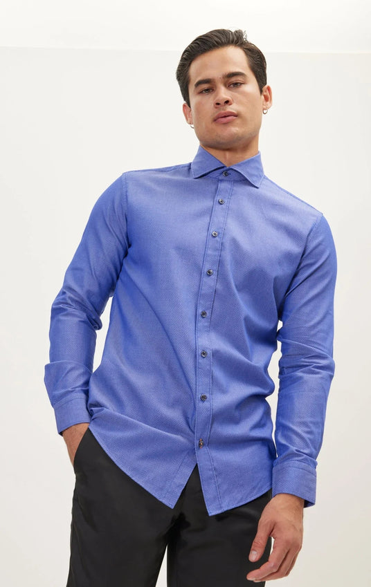 Jacquard Cotton Tonal Button Dress Shirt - Dark Blue