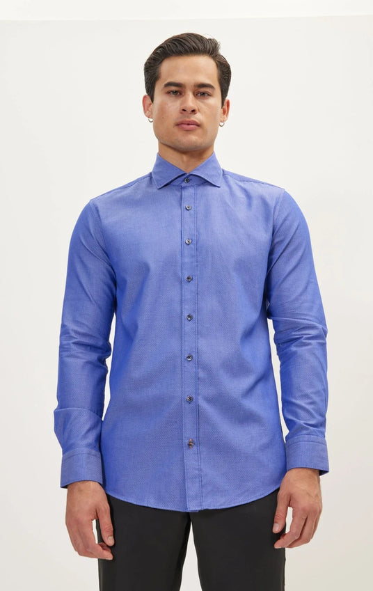 Jacquard Cotton Tonal Button Dress Shirt - Dark Blue