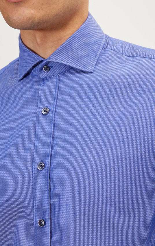 Jacquard Cotton Tonal Button Dress Shirt - Dark Blue