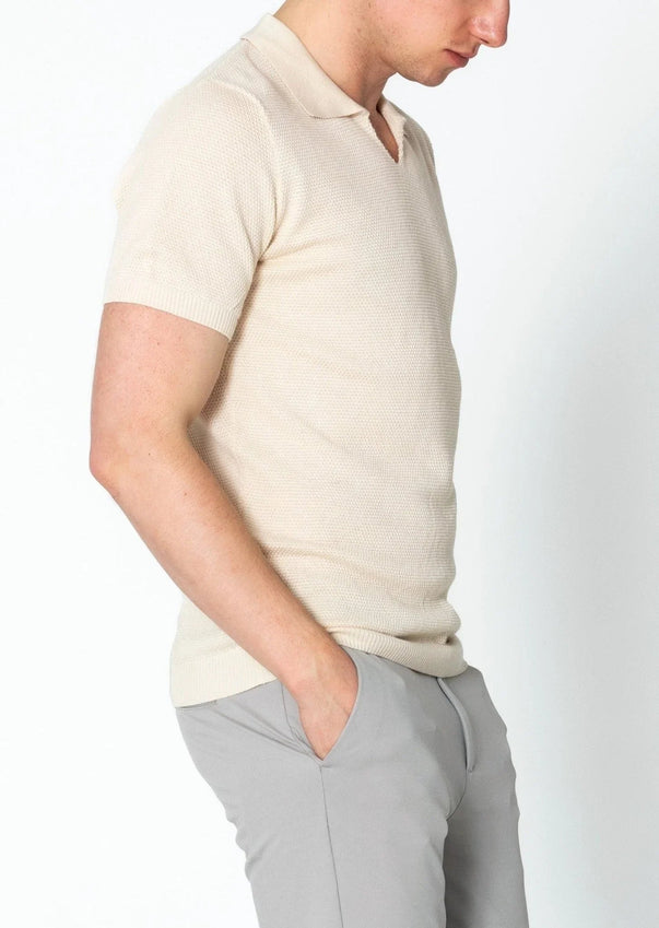 Jersey Knit V-neck Polo - Beige
