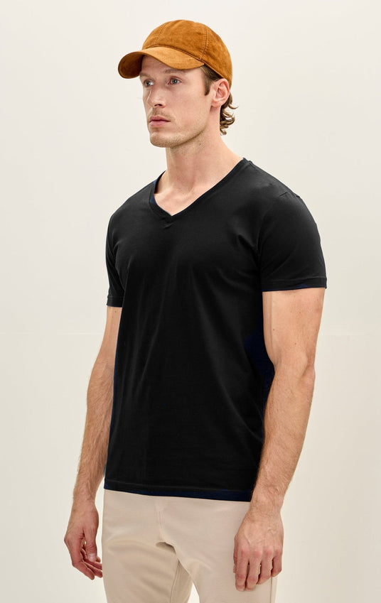 100% Cotton V-Neck T-Shirt - Black