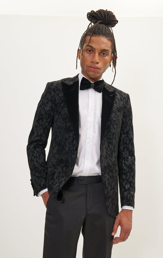 Metallic Velvet Flocking Tuxedo Jacket - Black