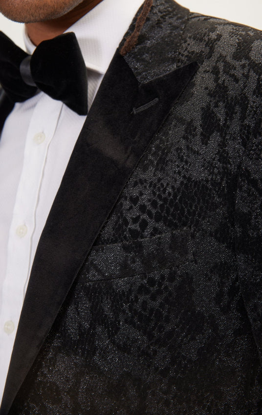Metallic Velvet Flocking Tuxedo Jacket - Black