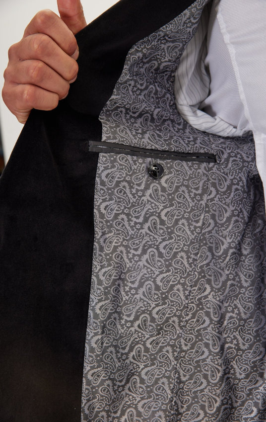 Metallic Velvet Flocking Tuxedo Jacket - Black