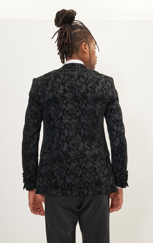 Metallic Velvet Flocking Tuxedo Jacket - Black