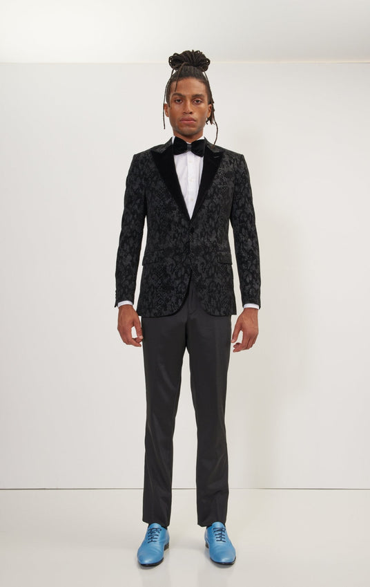 Metallic Velvet Flocking Tuxedo Jacket - Black